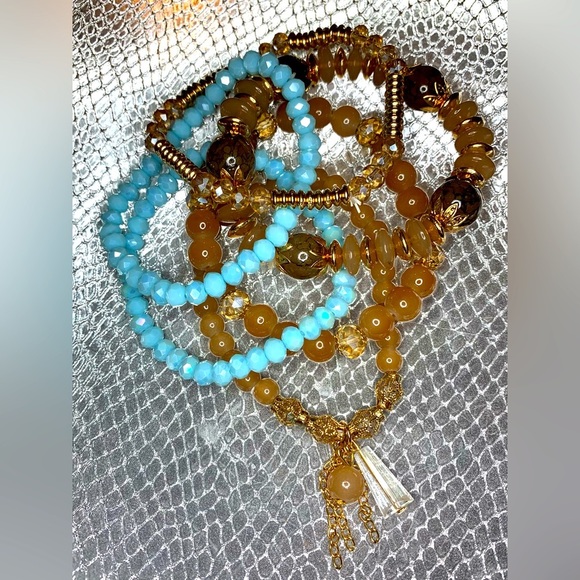 TOEJAMS Toe Rings by Michelle Lyn Jewelry - FRIENDSHIP BRACELETS 6 Strands Blue Crystal and Tan Stone Stretchy TAYLOR SWIFT